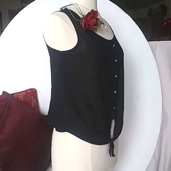 Sleeveless Blouse Top Silver Tone Buttons Tie Front Waist Black 90s Y2K M - Picture 8 of 10